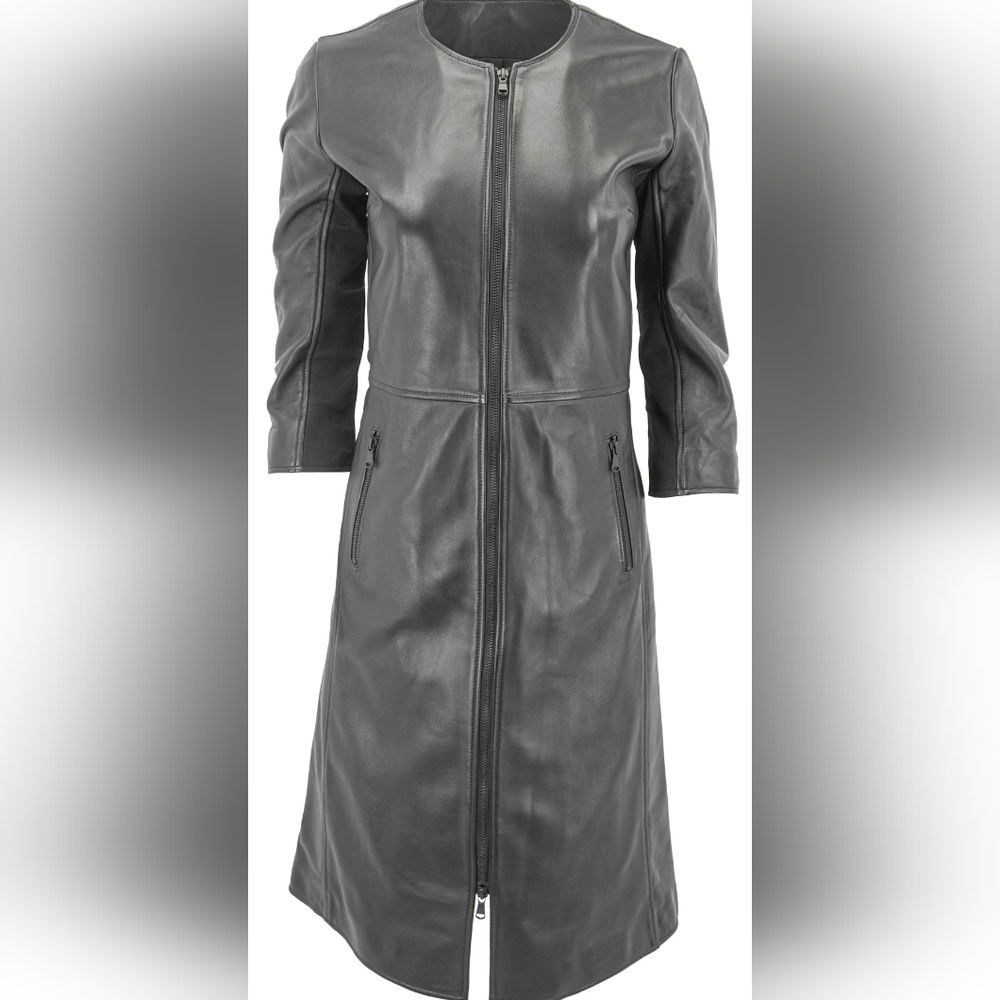 Women's Black Zipped Front Leather Coat Dress